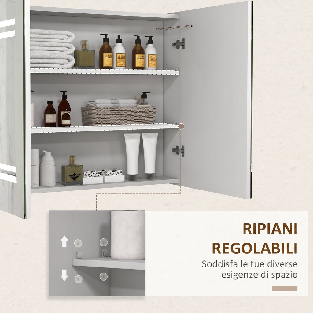 kleankin Bathroom Mirror Cabinet with LED Light, 80 x 65cm Bathroom Cabinet with Mirror, Soft Close Door, 3-Color Dimmable, Adjustable Shelves, Gloss White
