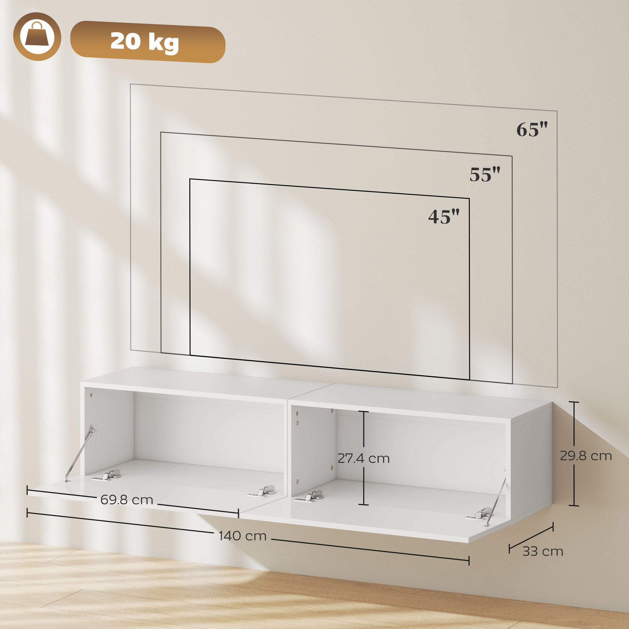 Wall Mounted TV Cabinet for 45"-55"-65" TVs with 2 Cabinets and Drop-Door, 140x33x29.8 cm, White