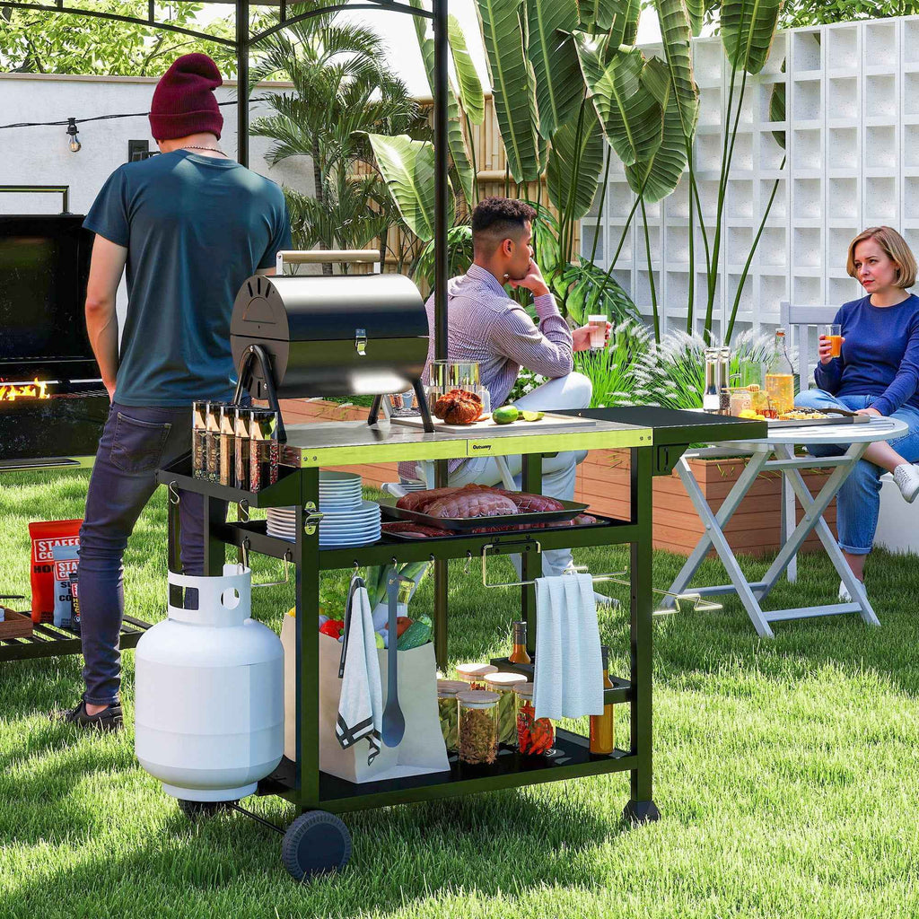 Outsunny Barbecue Cart with Folding Stainless Steel Table, 2 Wheels and Accessories, 125x65x84 cm, Black