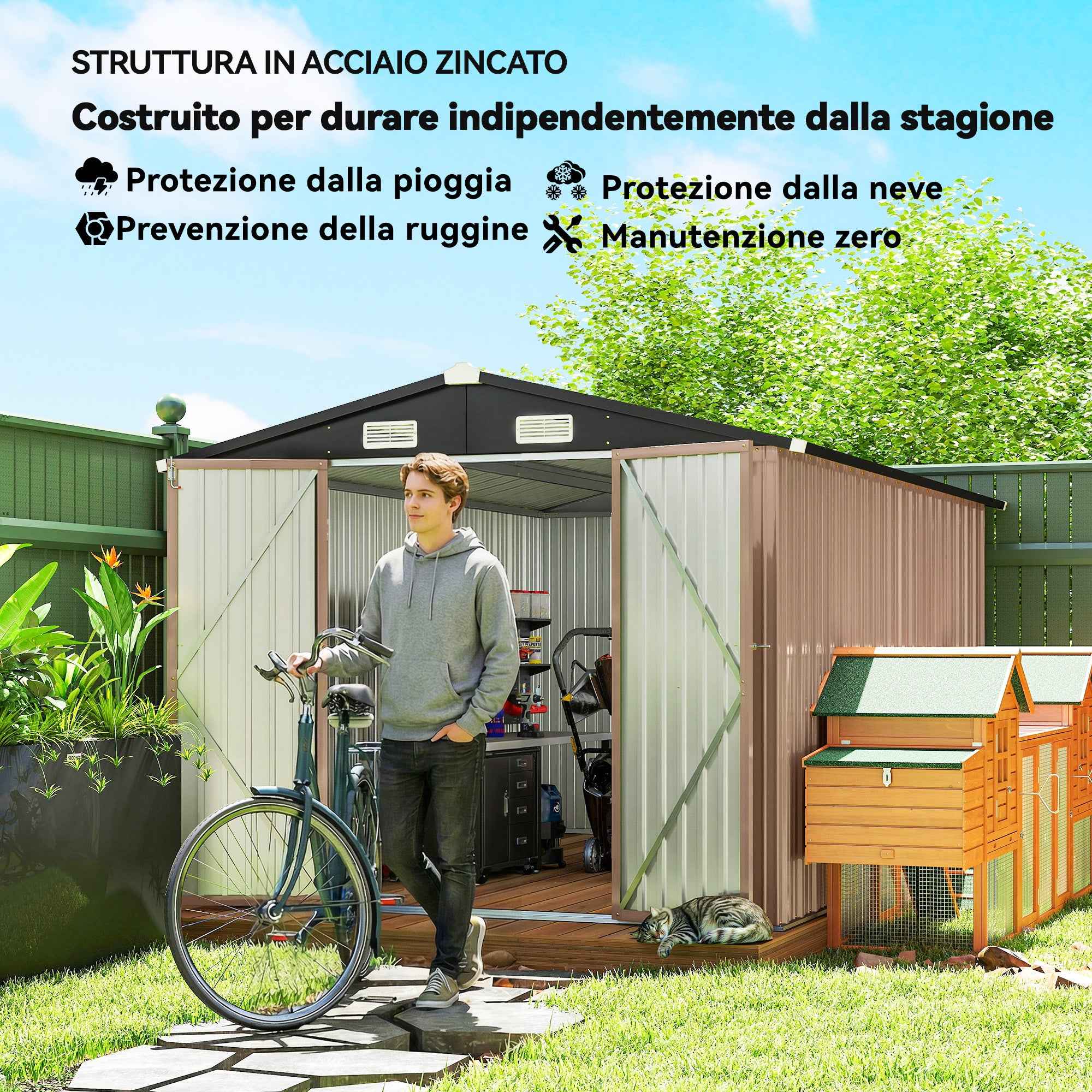 Outsunny 305 x 245 cm Metal Storage Shed, Sturdy Garden Shed with 4 Vents and Lockable Double Doors, Brown