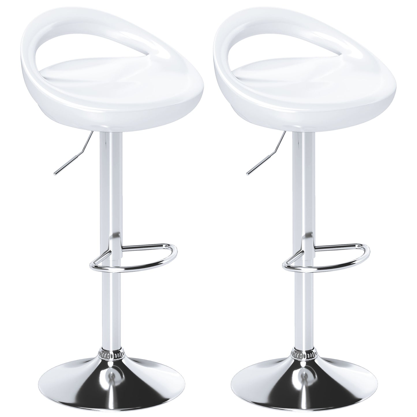 Set of 2 Swivel Bar Stools with Footrest, Adjustable Height, Steel Base, ABS Seat, White