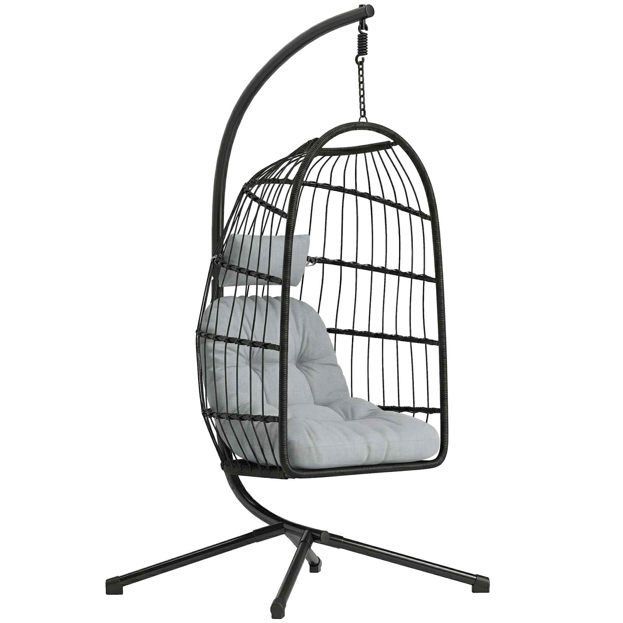 Outsunny Hanging Egg Chair with Stand and Safety Strap, 105x101x196 cm, Black and Light Grey