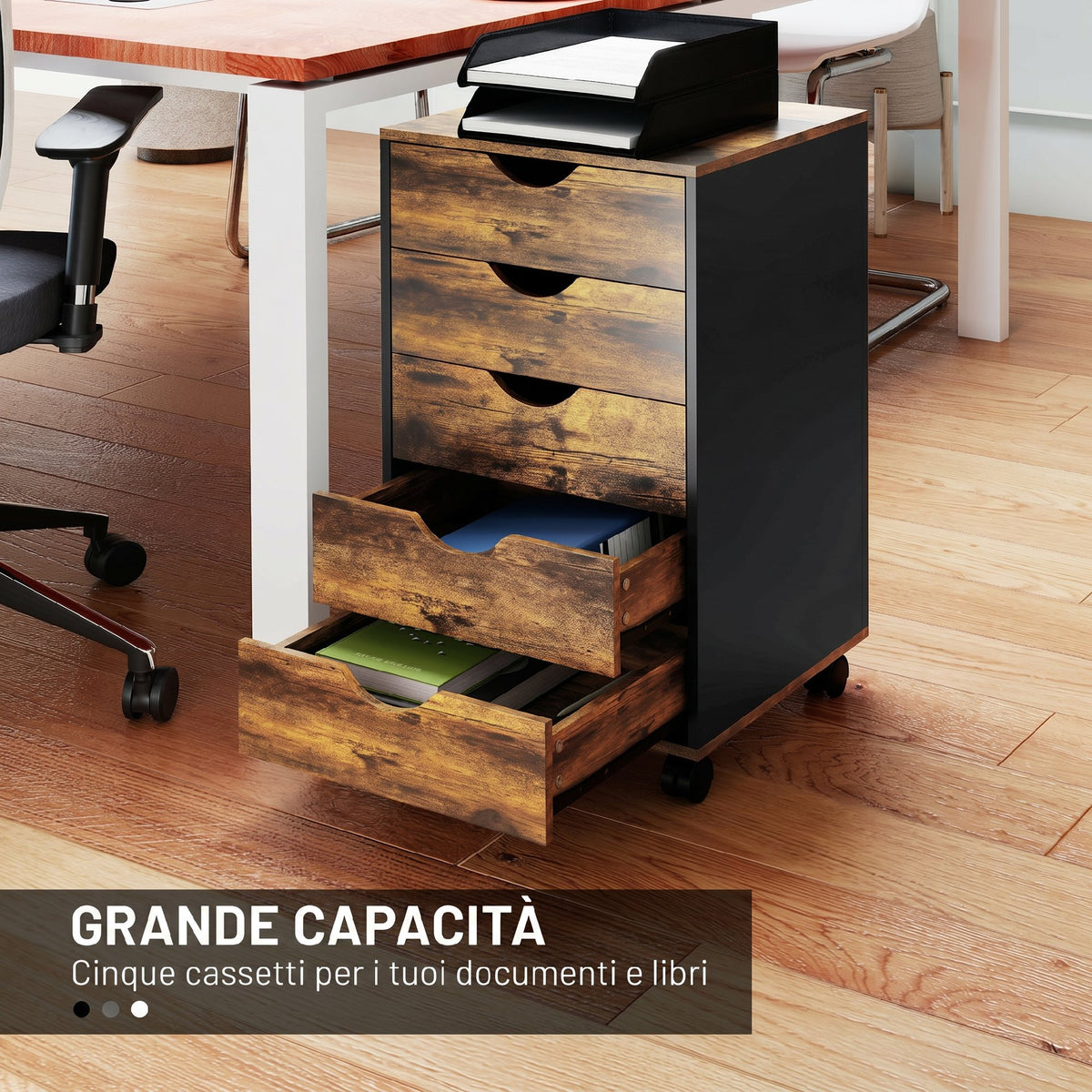 HOMCOM 5-Drawer Office Chest with Swivel Casters and Brakes, Wooden, 40x40x67 cm, Brown