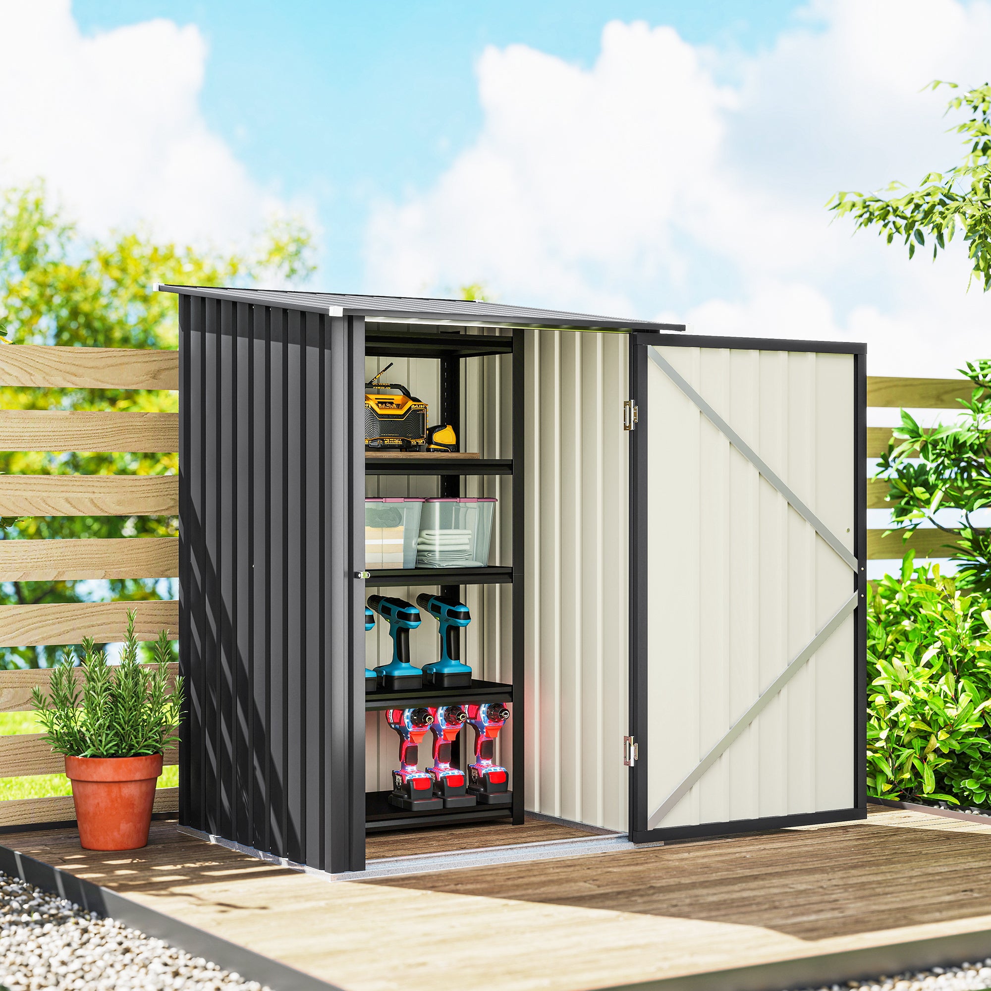 Outsunny Galvanized Steel Garden Shed with Door, 100x104x160 cm, Dark Grey