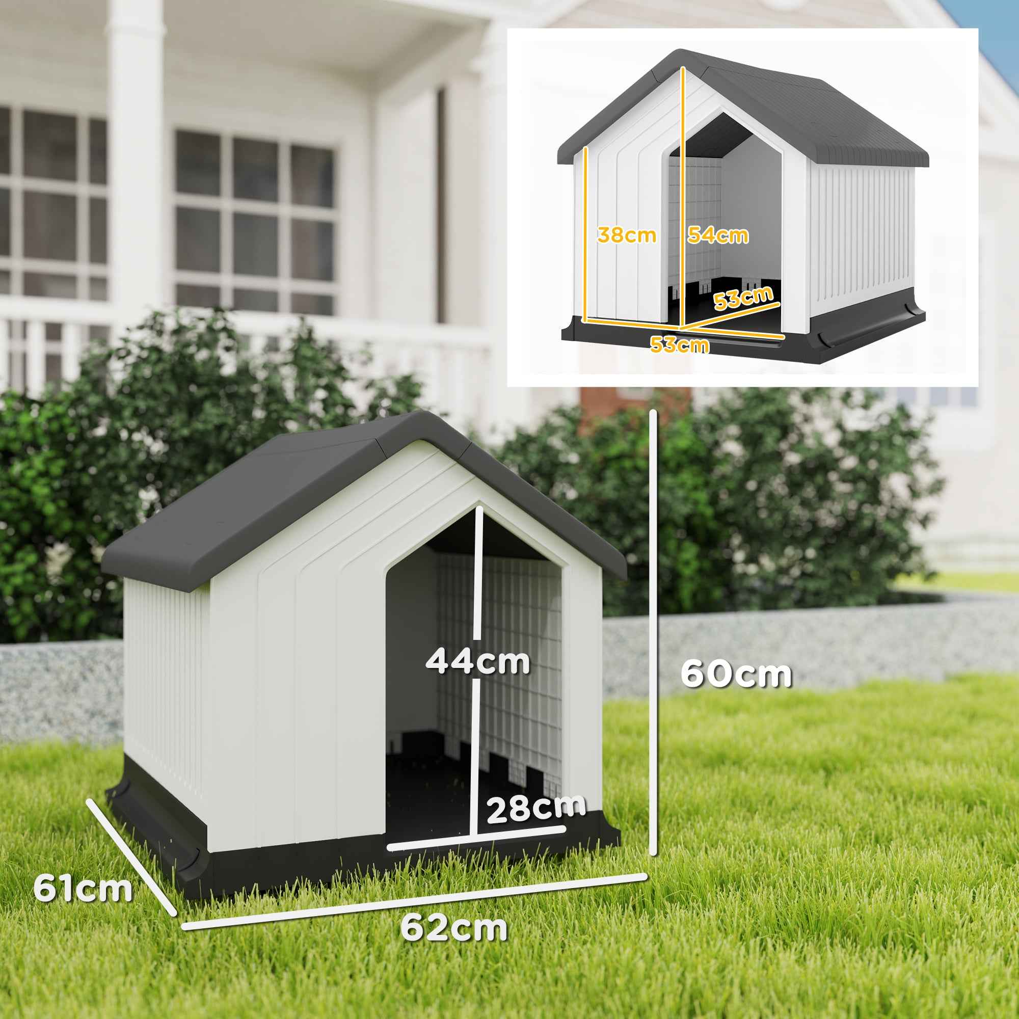 PawHut Waterproof Outdoor Plastic Dog House for Small and Mini Dogs with Window, 62x61x60 cm, Grey