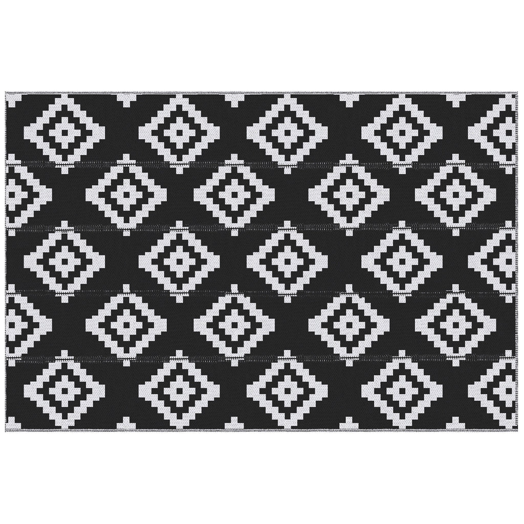 Reversible Geometric Pattern Outdoor Balcony and Terrace Rug, 2.74x1.82 m, Black and White