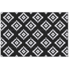 Reversible Geometric Pattern Outdoor Balcony and Terrace Rug, 2.74x1.82 m, Black and White