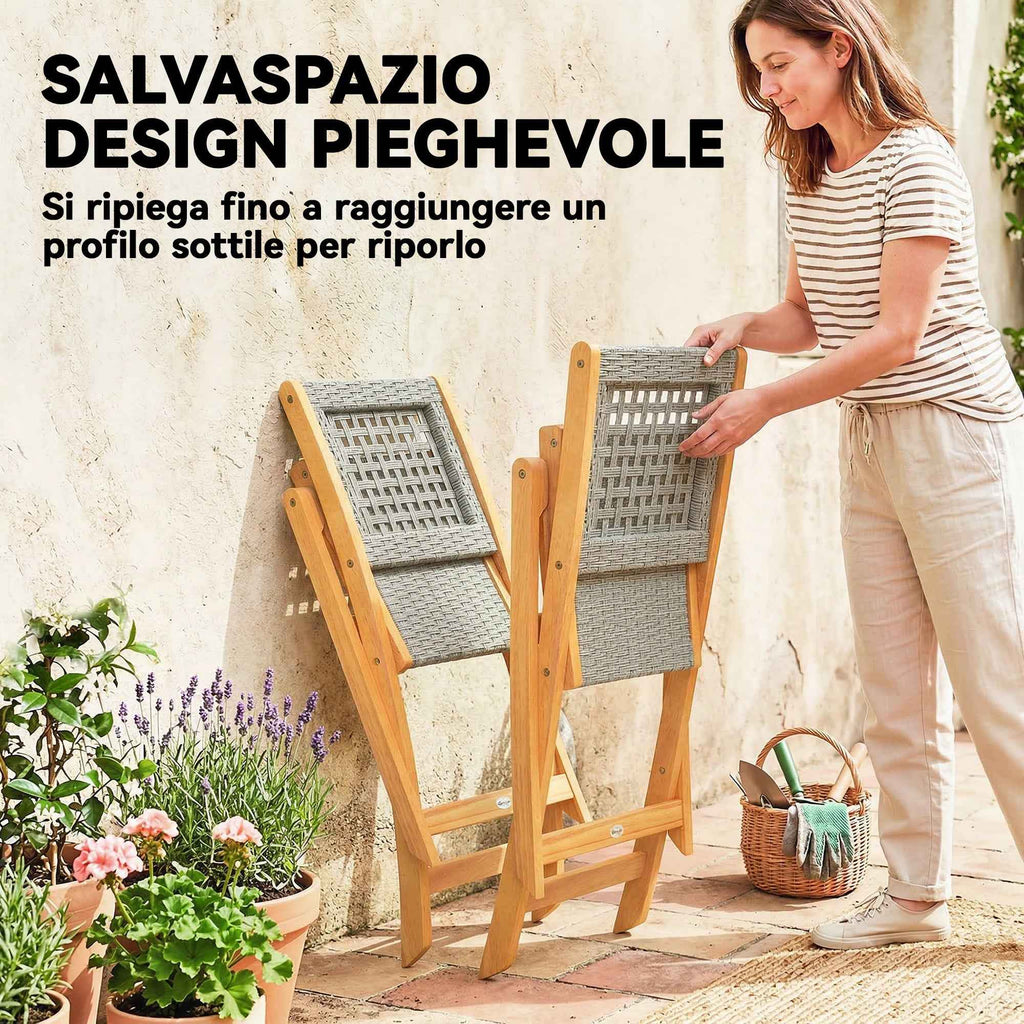 Outsunny Set of 2 Folding Garden Chairs in PE Rattan and Acacia Wood, Supports up to 160 kg, Grey