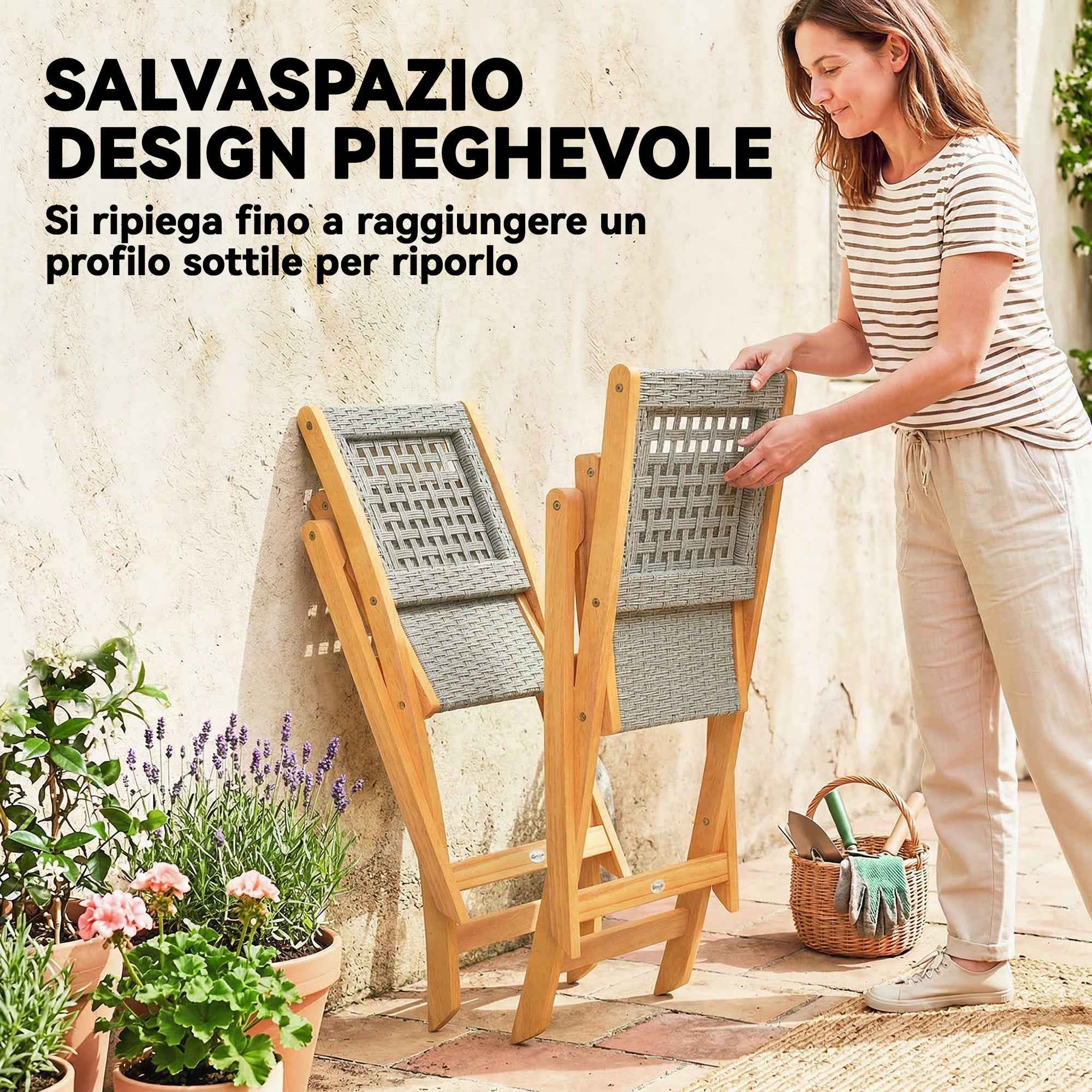Outsunny Set of 2 Folding Garden Chairs in PE Rattan and Acacia Wood, Supports up to 160 kg, Grey