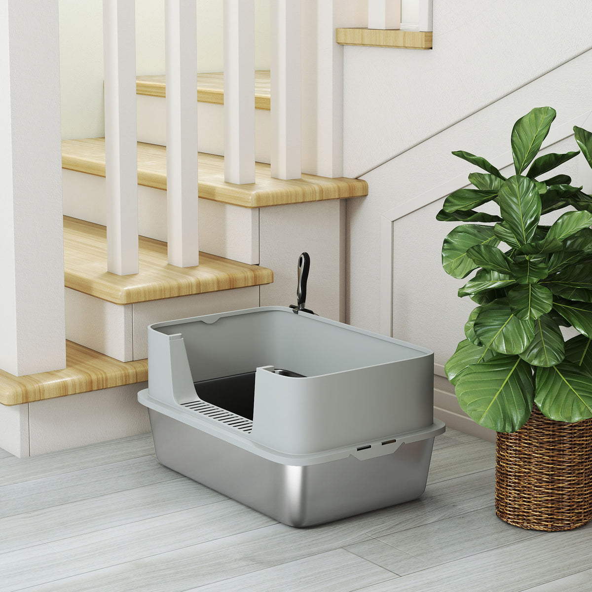 PawHut XL Stainless Steel Cat Litter Box with Scoop, High Sides, Leak-Proof, Odor-Resistant, Up to 7 kg, Grey