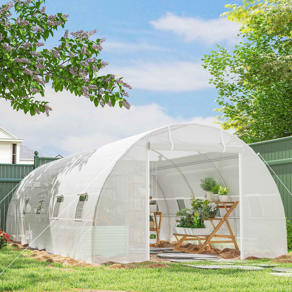 Outsunny 8x3x2 m Tunnel Greenhouse with Plastic Lining and Reinforced Steel, White