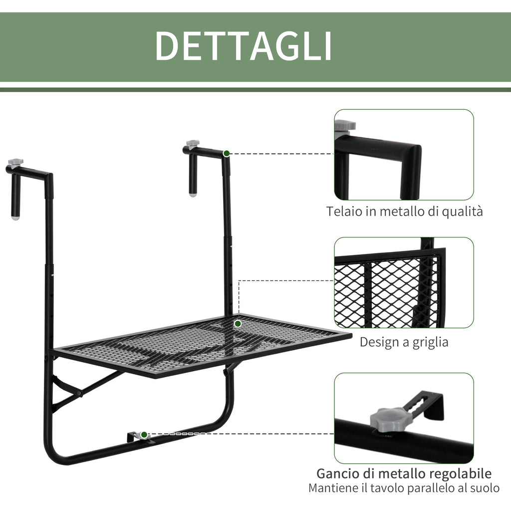 Folding and Adjustable Metal Railing Table, 60x60x57-72cm, Black