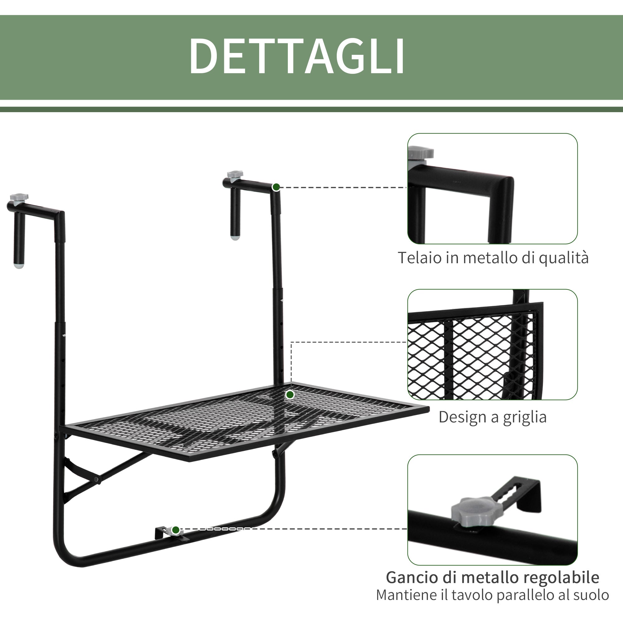 Folding and Adjustable Metal Railing Table, 60x60x57-72cm, Black