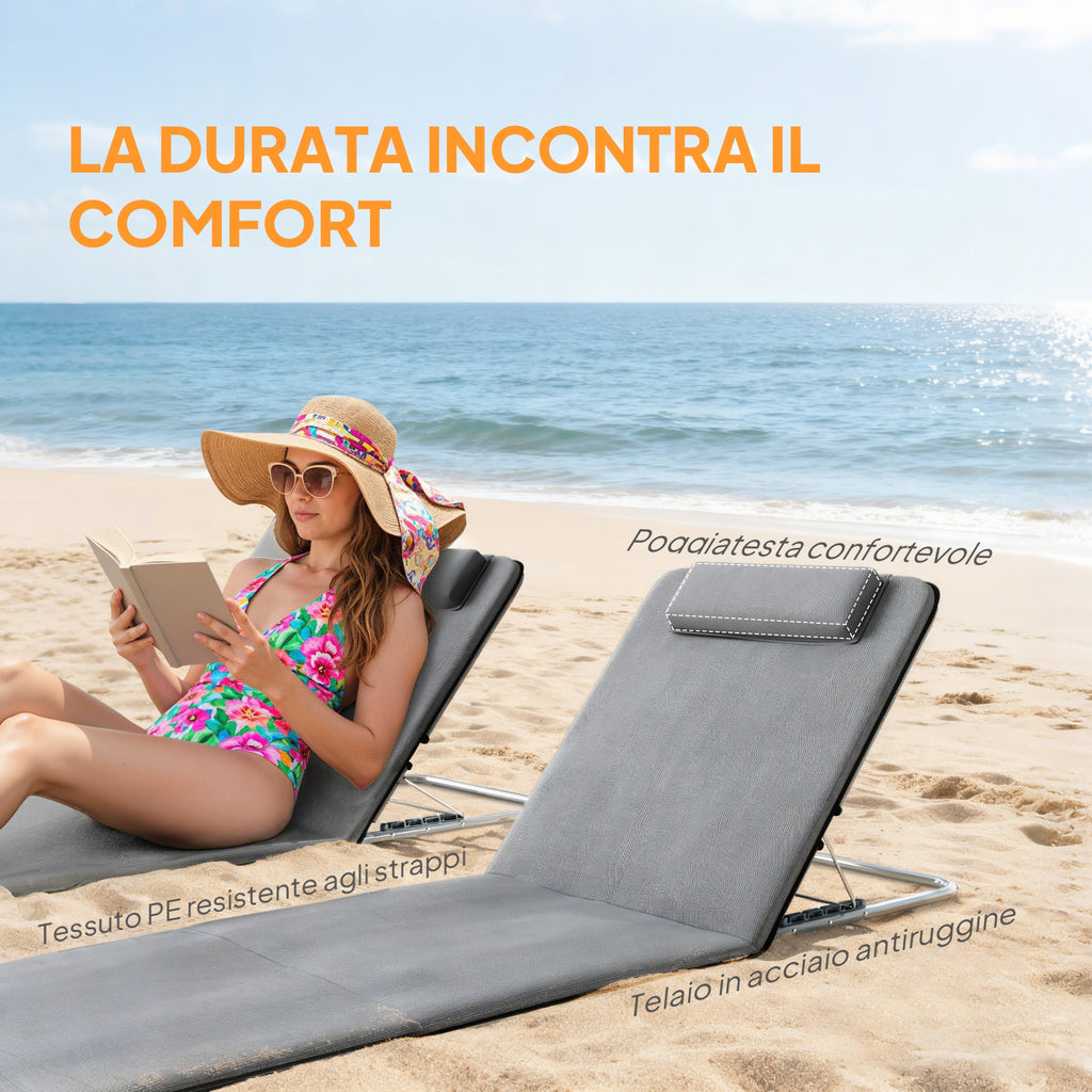 Outsunny Set of 2 Beach Chairs with 5-Level Adjustable Backrest, Headrest and Travel Bag, Folding Beach Loungers in Steel and PE, 134x48x33-43 cm, Grey