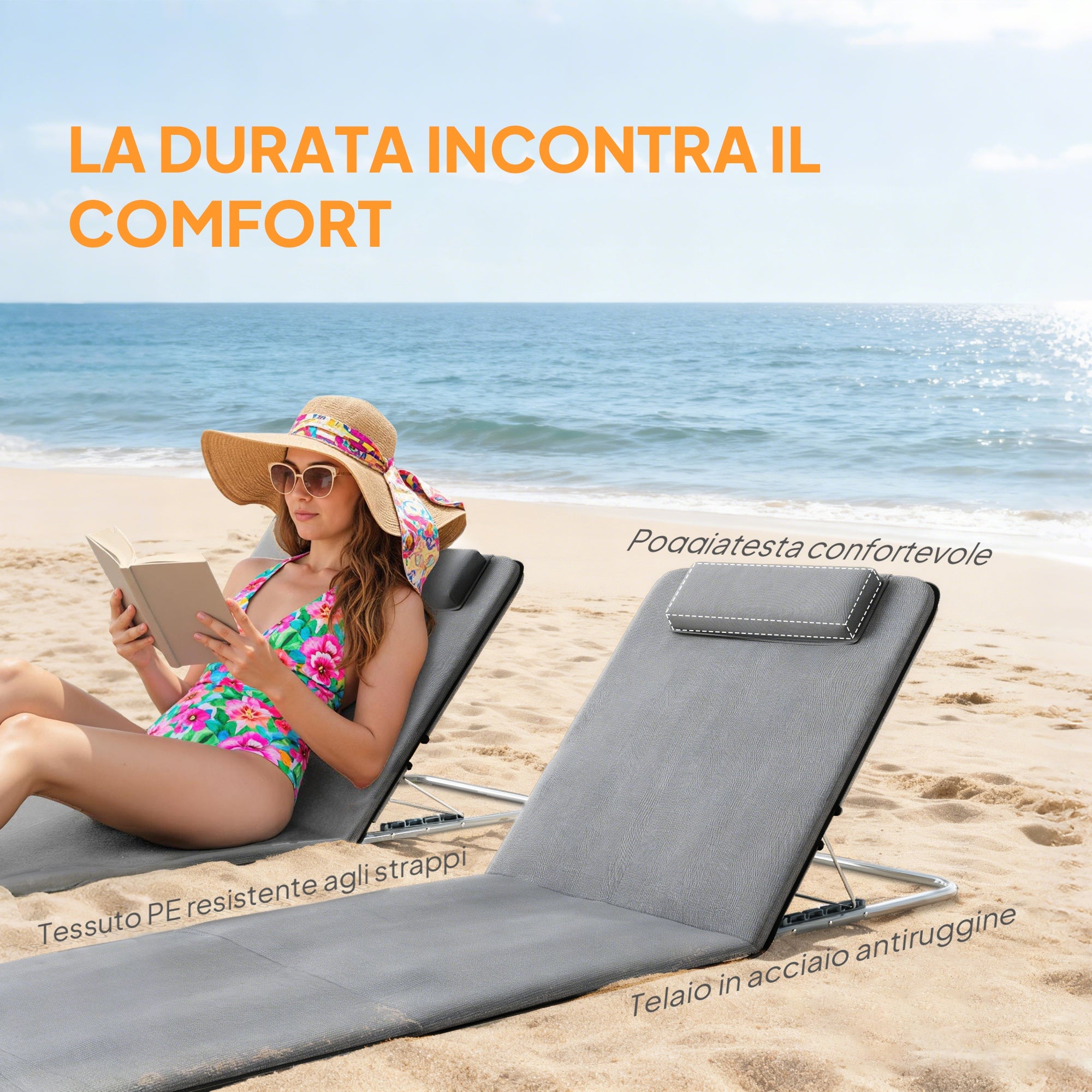 Outsunny Set of 2 Beach Chairs with 5-Level Adjustable Backrest, Headrest and Travel Bag, Folding Beach Loungers in Steel and PE, 134x48x33-43 cm, Grey