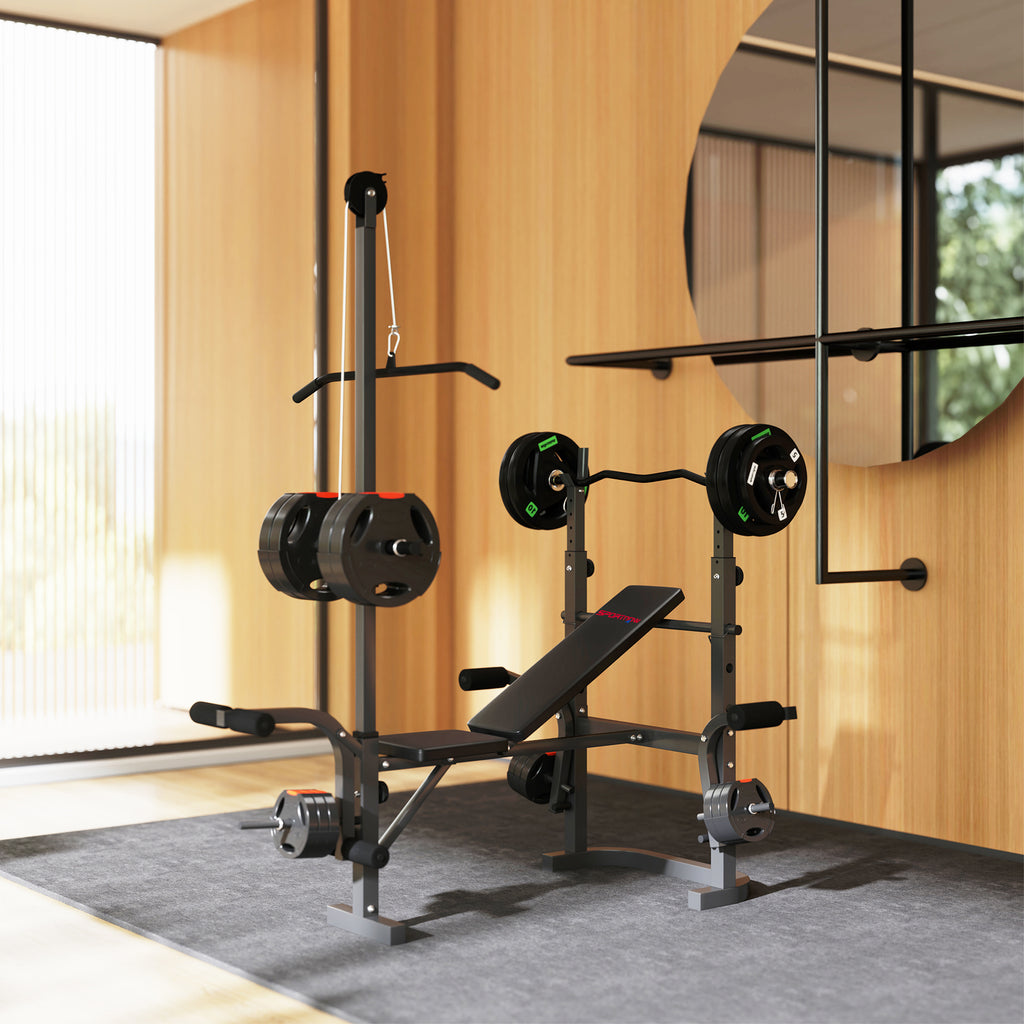 SPORTNOW Adjustable Multifunction Gym Bench with Barbell Rack with Leg Extension, Low Row, Arm Curl, Black