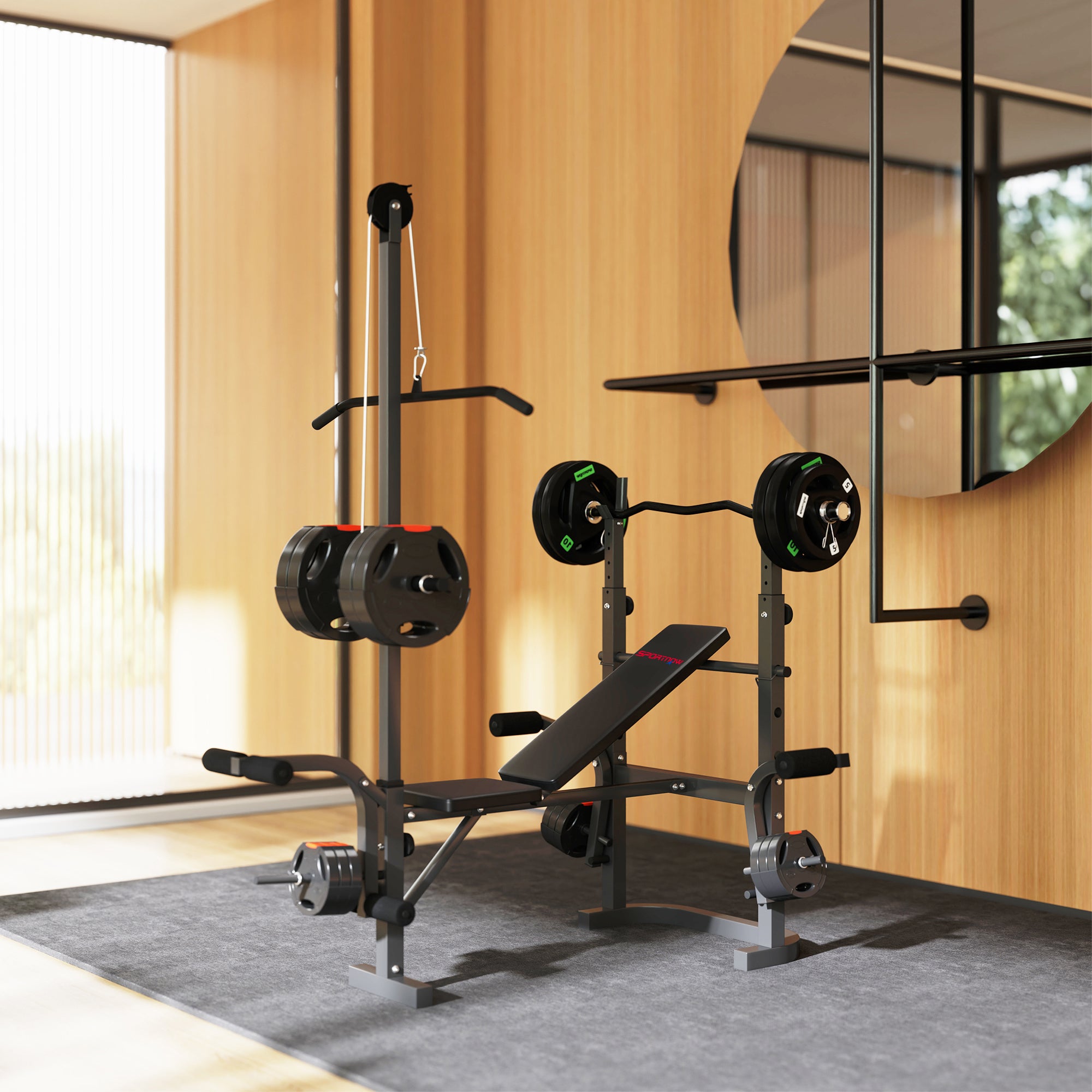SPORTNOW Adjustable Multifunction Gym Bench with Barbell Rack with Leg Extension, Low Row, Arm Curl, Black
