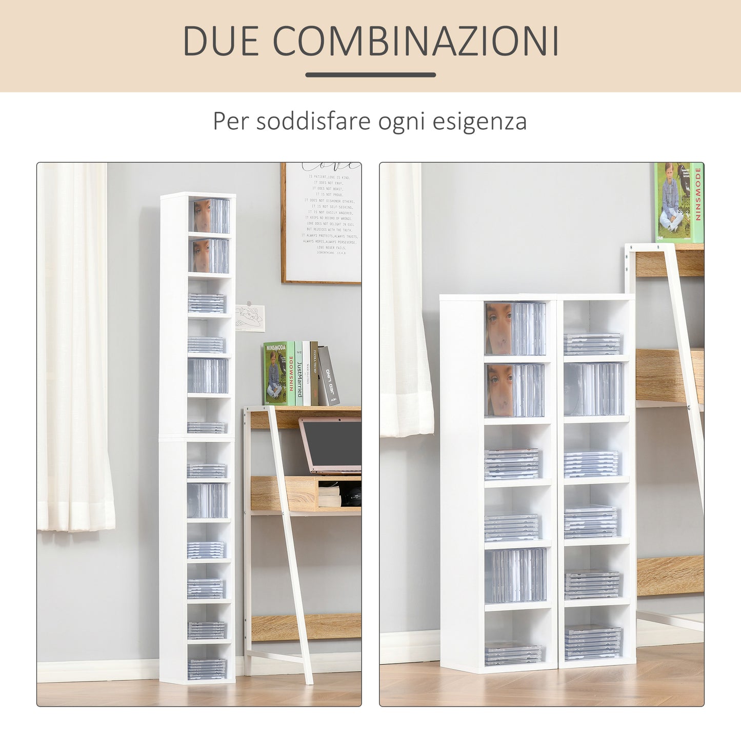 Bookcase CD shelf set of 2 pieces with 12 wooden shelves, 21x19.2x88.3 cm, White