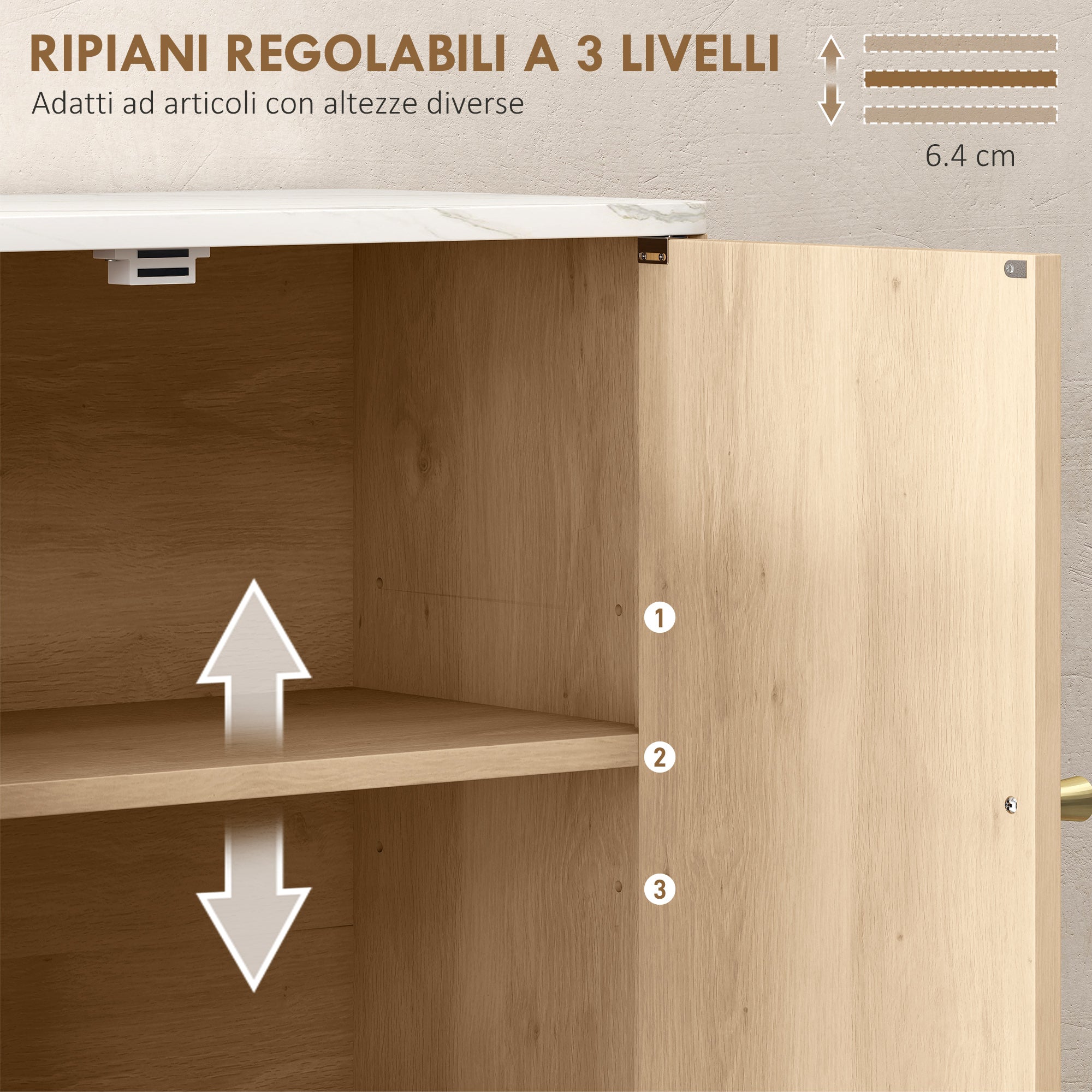 Wall-Mounted Bathroom Cabinet with Open Shelf and Decorated Doors, Marble Effect Top, 60x18x70 cm, Oak