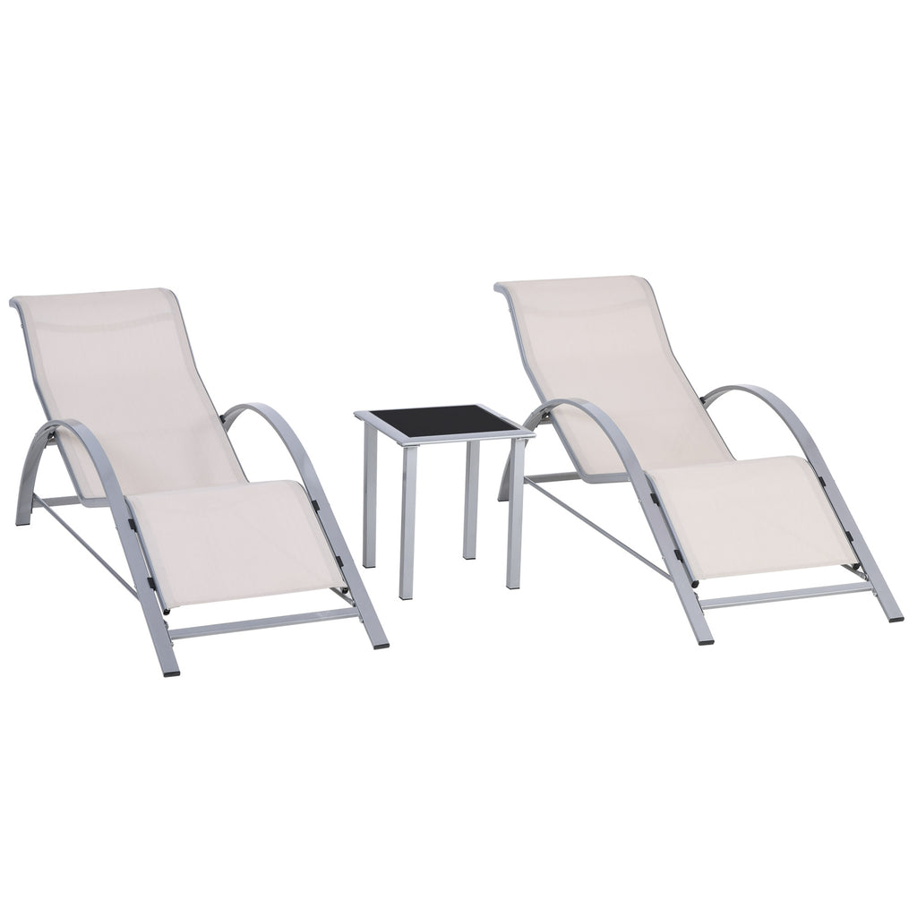 Outsunny Set of 2 Sun Loungers and Coffee Table with Glass Top, 59x169x66 cm, Cream