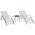 Outsunny Set of 2 Sun Loungers and Coffee Table with Glass Top, 59x169x66 cm, Cream