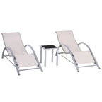 Outsunny Set of 2 Sun Loungers and Coffee Table with Glass Top, 59x169x66 cm, Cream
