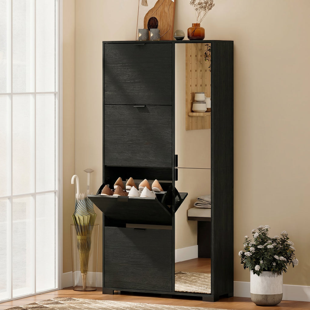 HOMCOM Modern Shoe Rack with Mirror, 4 Drop-Down Drawers, Holds up to 16 Pairs of Shoes, Black