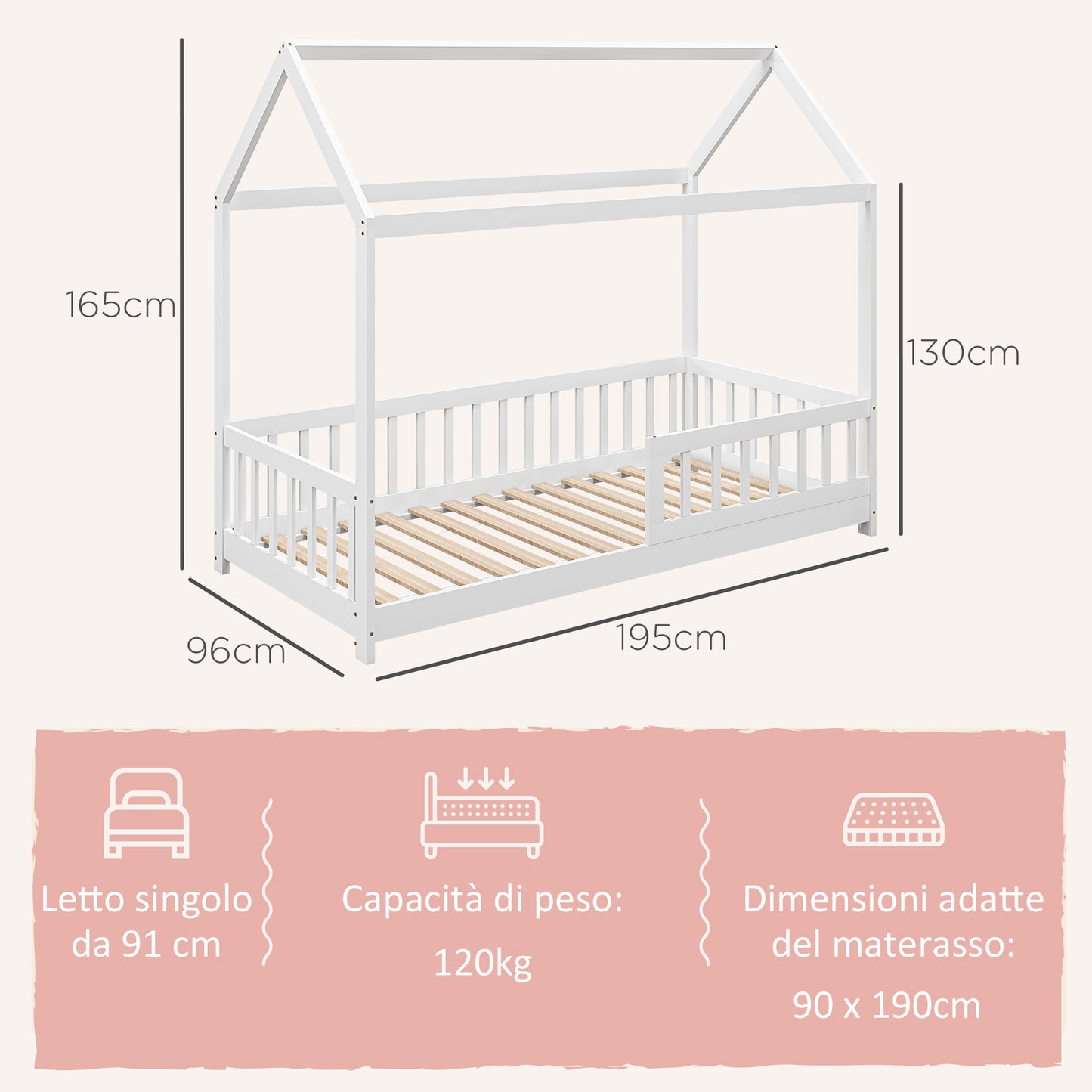 Children's House-Shaped Bed Frame with Slats and Fence, Pine Wood, 96x195x165 cm, White