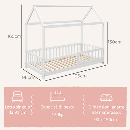 Children's House-Shaped Bed Frame with Slats and Fence, Pine Wood, 96x195x165 cm, White