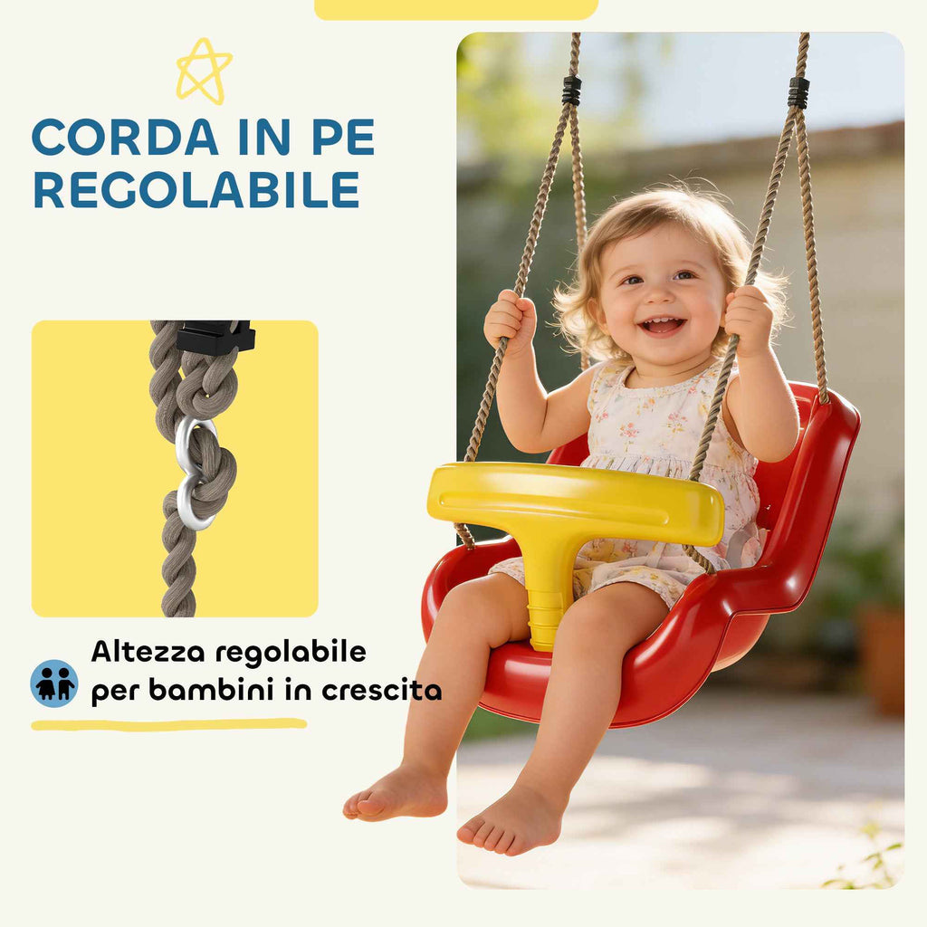 Baby Swing 9-36 Months Adjustable with Ropes and Carabiners, PE, 28x36x180 cm, Red and Yellow