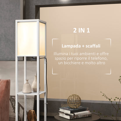 Modern Floor Lamp with 2 Lampshades and 2 Shelves for E27 Max. 40W Bulbs, 26x26x156 cm, White