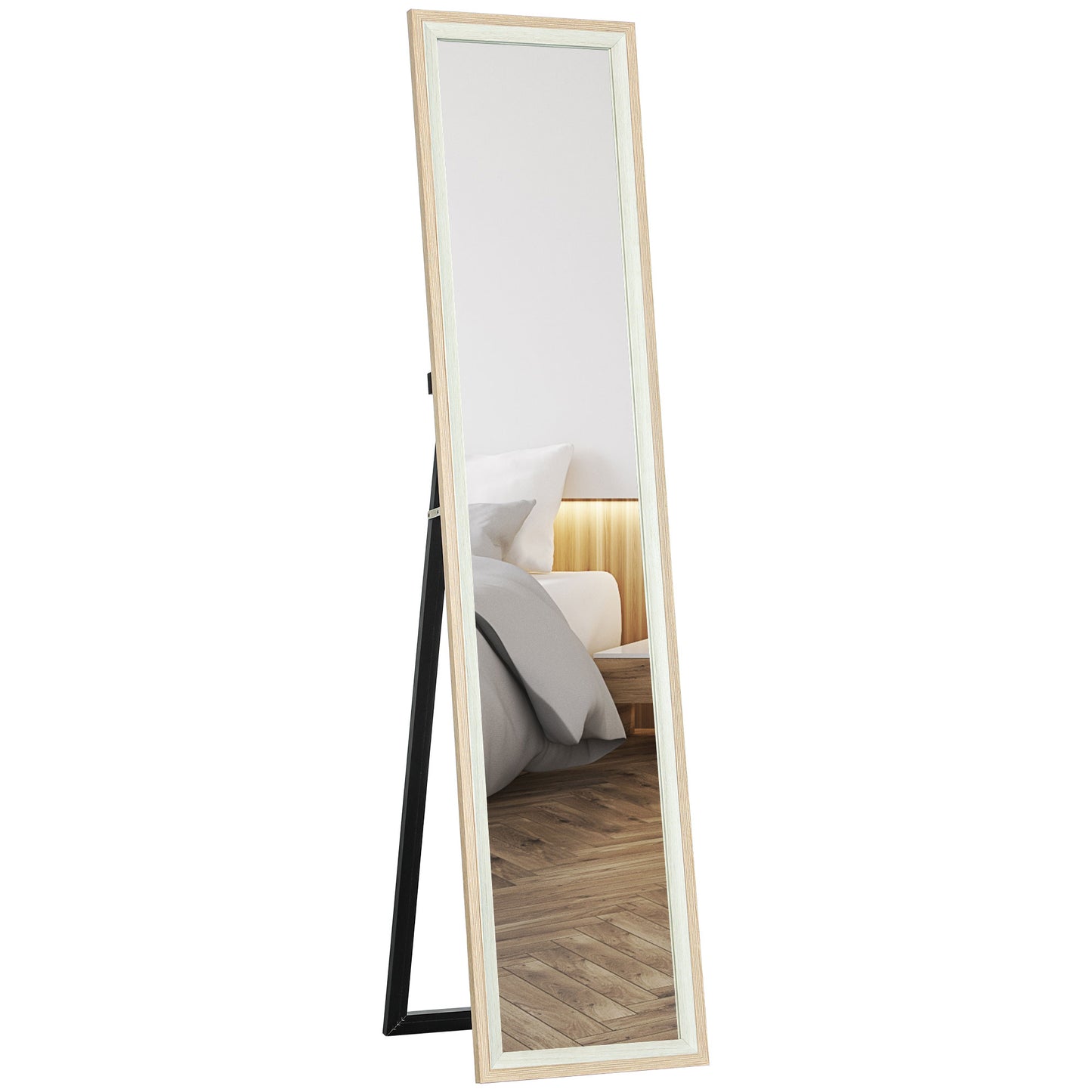 Modern Full-Length Wall Mirror Freestanding Mirror, 37x157 cm, White and Wood