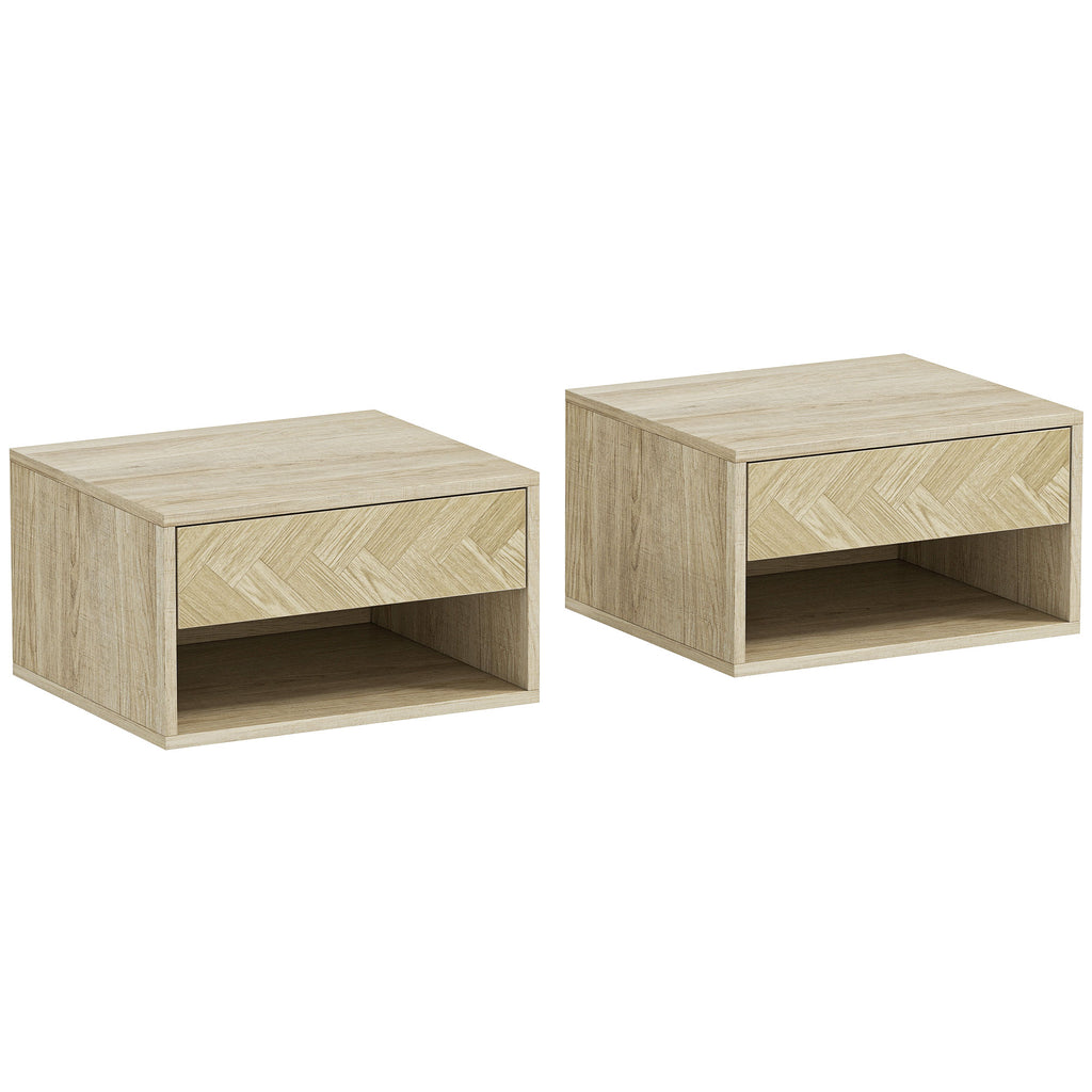 HOMCOM Set of 2 Modern Floating Bedside Tables with Drawer and Open Compartment, 37x32x21 cm, Natural Wood