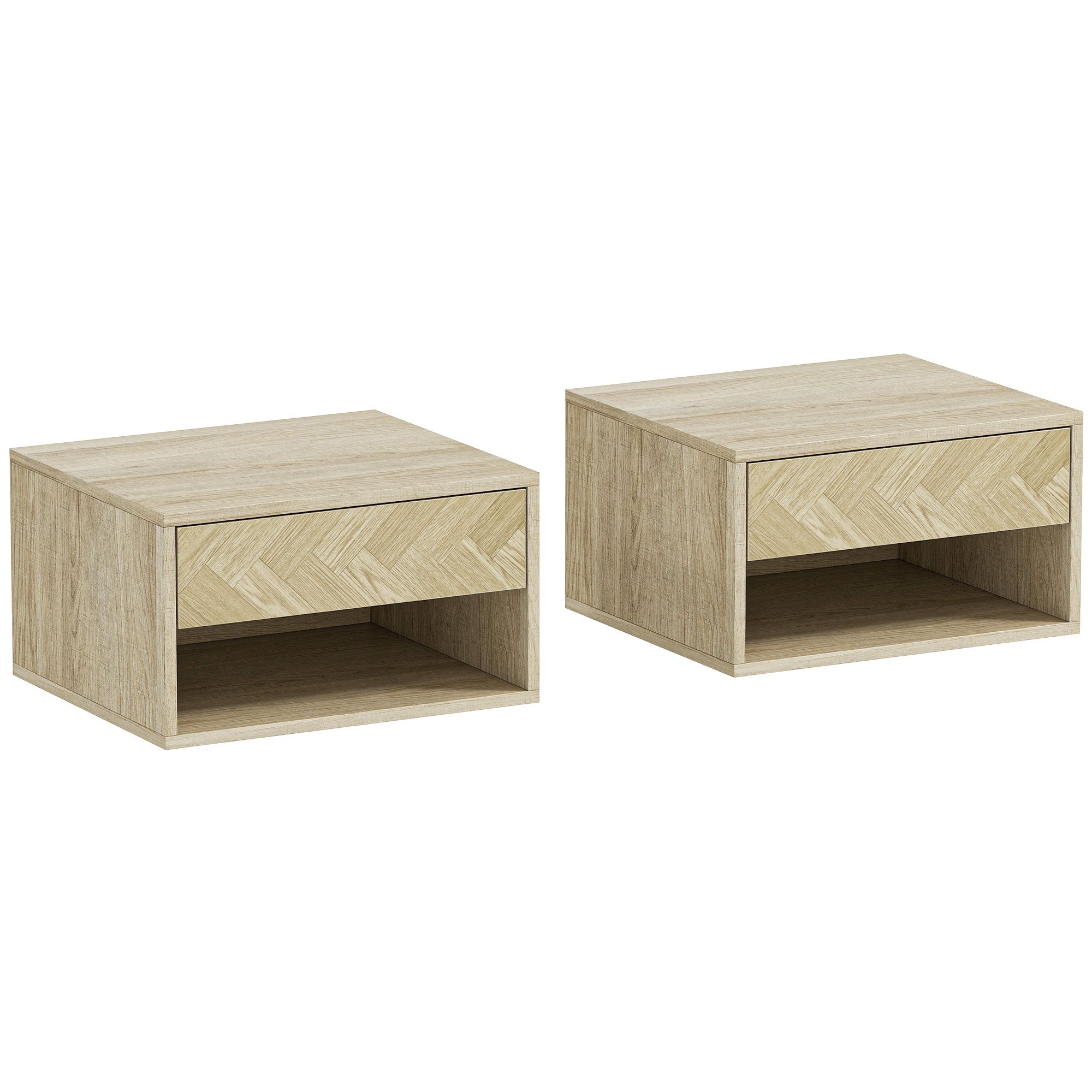 HOMCOM Set of 2 Modern Floating Bedside Tables with Drawer and Open Compartment, 37x32x21 cm, Natural Wood