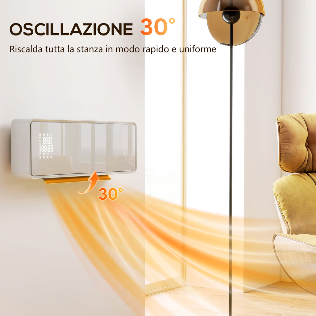 2000W Wall-Mounted Ceramic Heater with 3 Modes, Adjustable Temperature, Timer, Remote Control, Child Lock, White