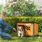 PawHut Outdoor Dog Kennel in Wood and Steel, Bite-Resistant, with Opening Roof and Door Curtain, Yellow