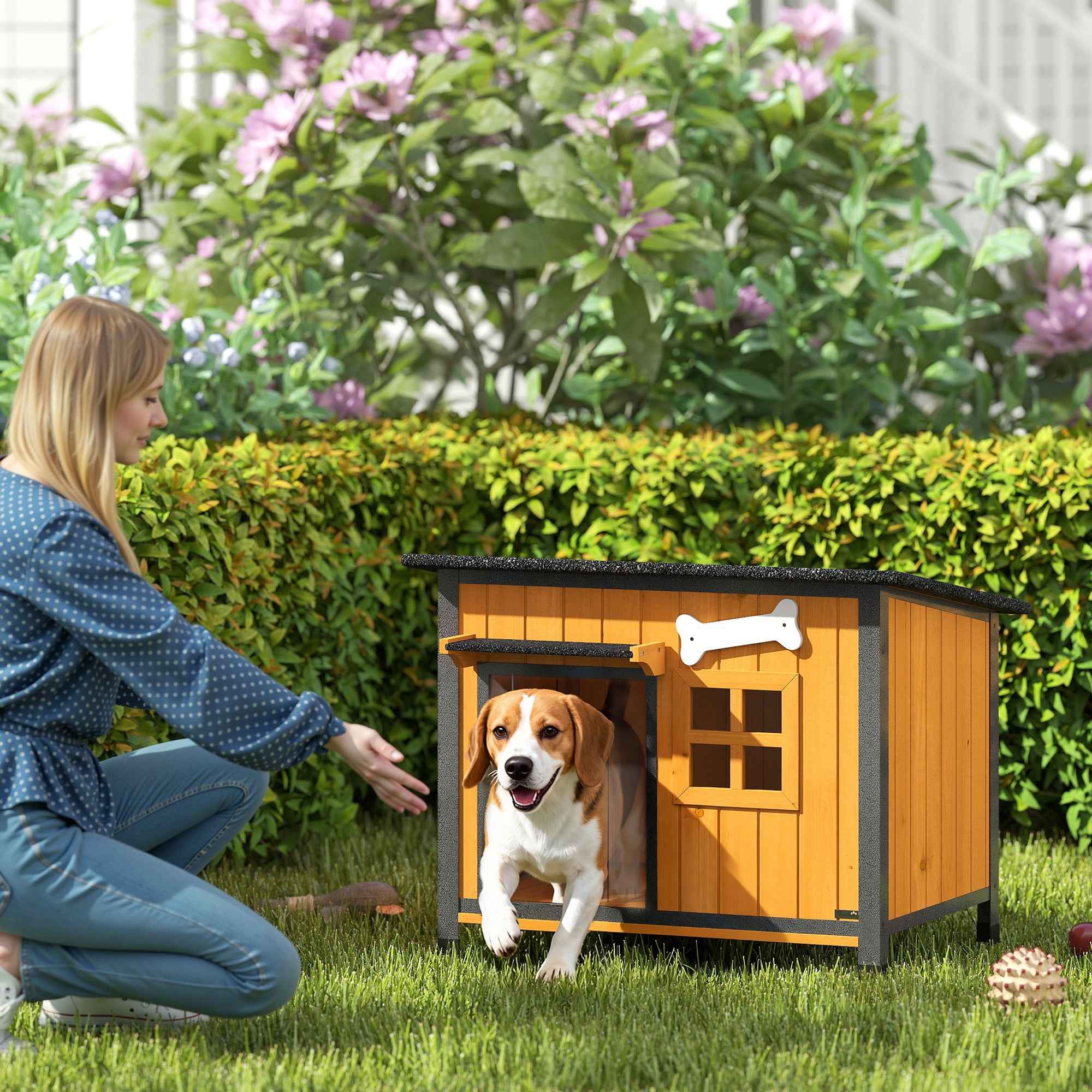PawHut Outdoor Dog Kennel in Wood and Steel, Bite-Resistant, with Opening Roof and Door Curtain, Yellow