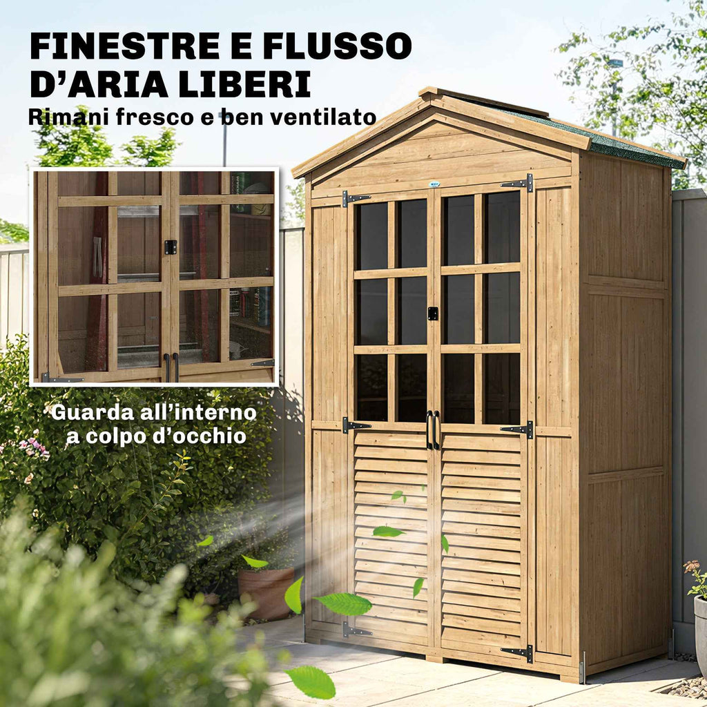 Outsunny Wooden Garden Cabinet with Clear Windows, 128x57.5x197 cm, Light Brown