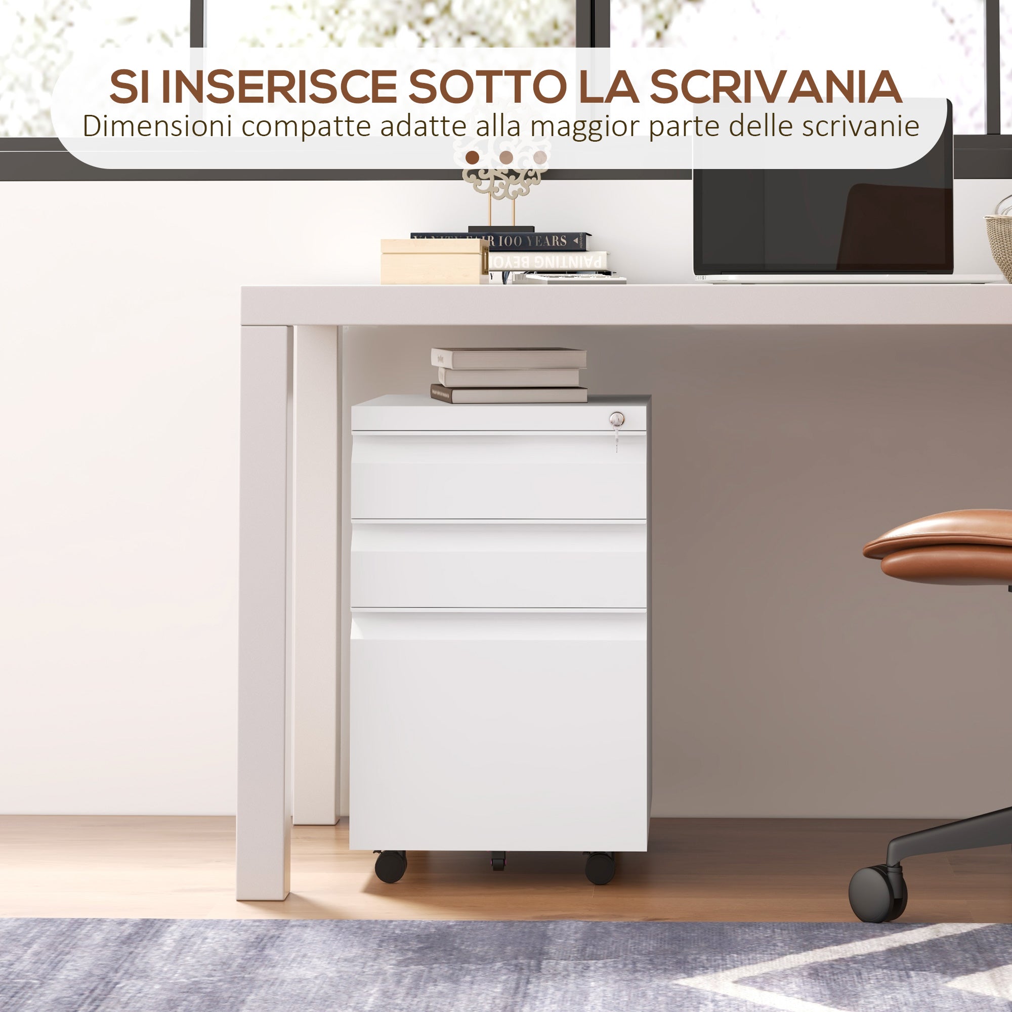 3 -drawer office cabinet with adjustable bar and tray, in steel, 37x43.5x60 cm, white, white - Borgè