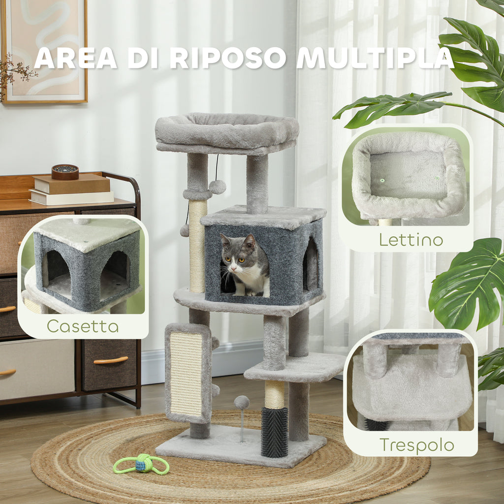 Multi-Level Cat Tree, 104 cm Tall, with House, Bed, Scratching Posts, Brush and Ball, Grey