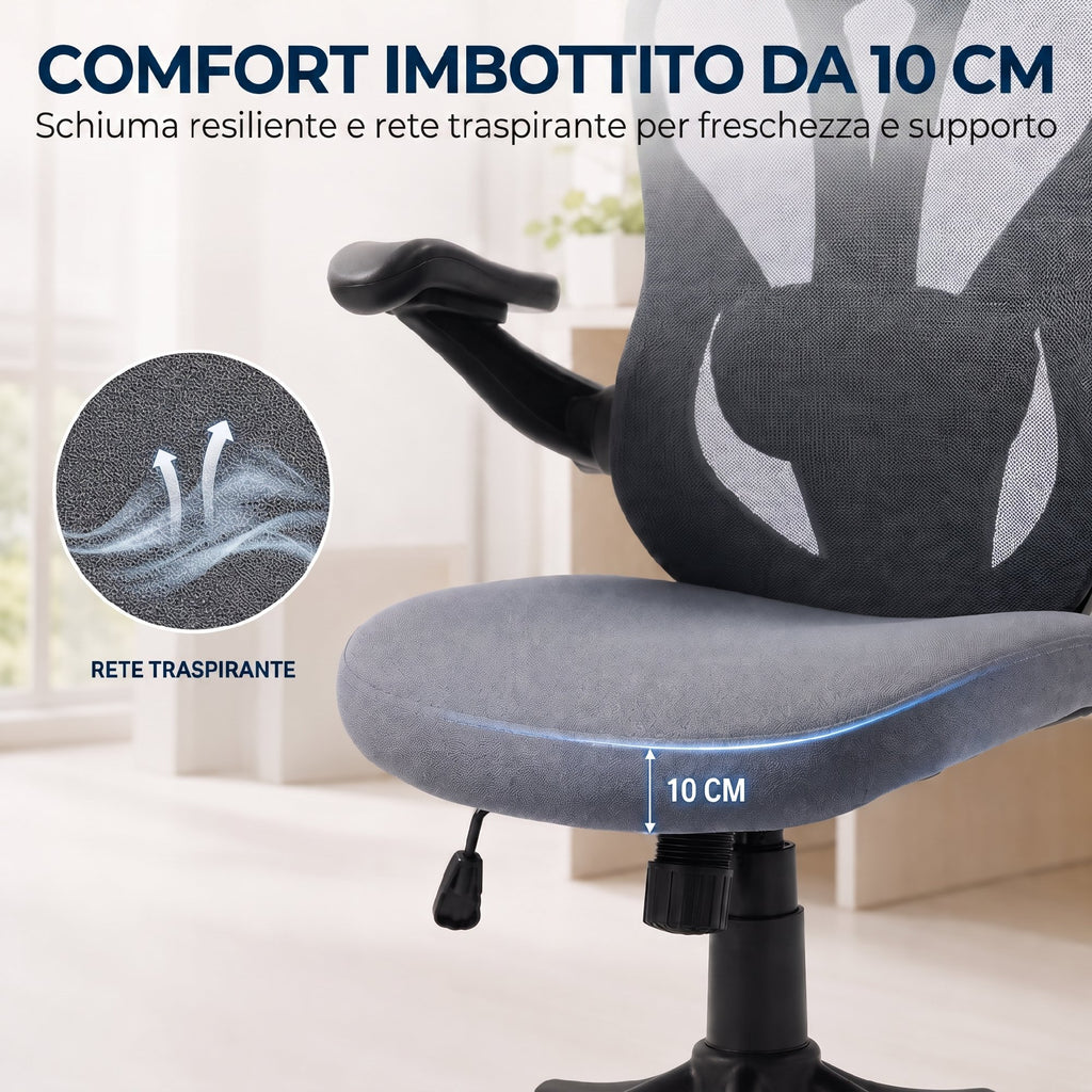 HOMCOM Ergonomic Office Chair with Flip-Up Armrests, Headrest, and Coat Rack, Dark Grey