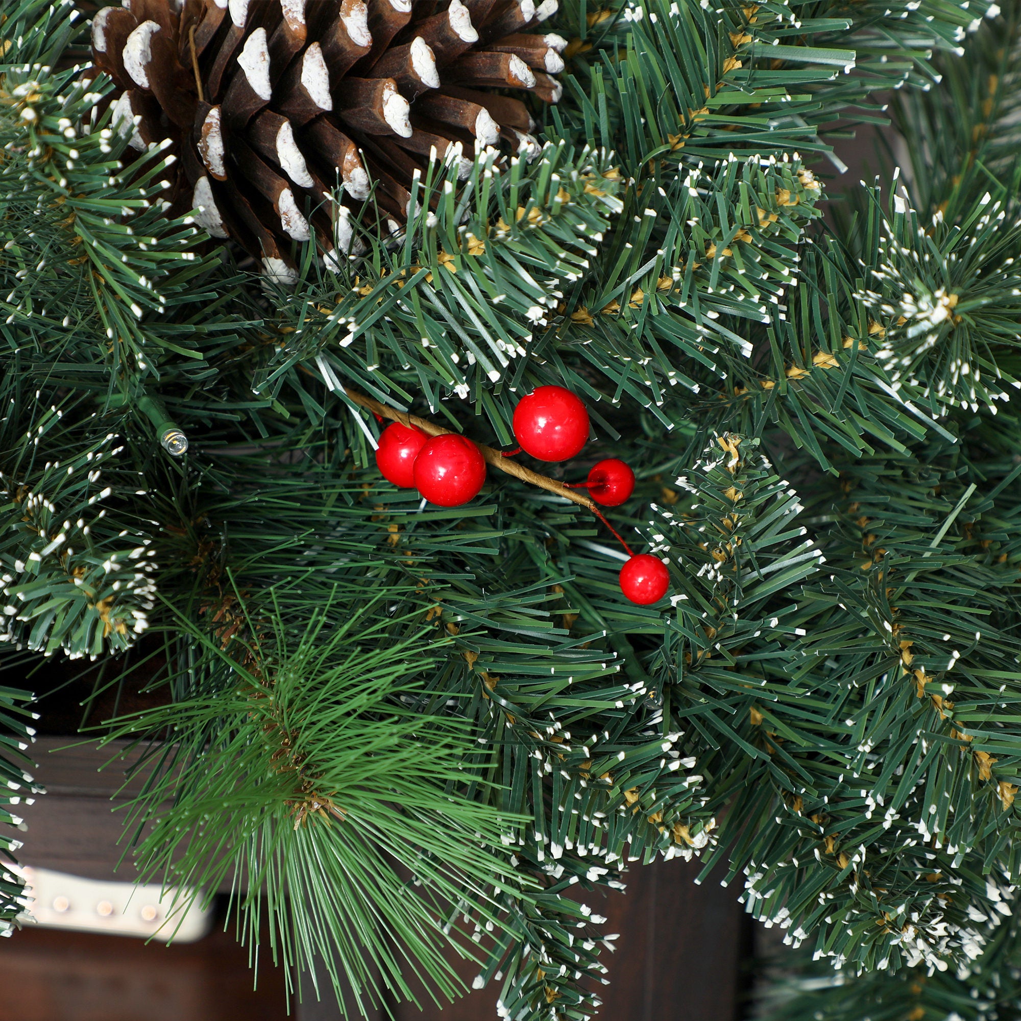 180cm Christmas Garland with Snow-Covered Branches and 30 White Lights, Pine Cones and Berries for Indoors