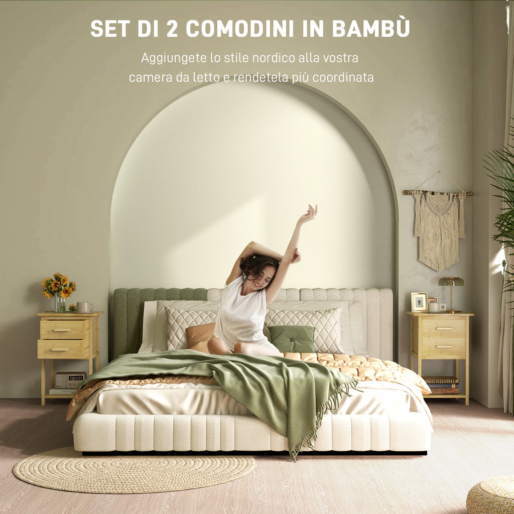 HOMCOM Set of 2 Bedside Tables with 2 Drawers and Lower Shelf in Nordic Style, in Bamboo, 40x34x60 cm - Borgè