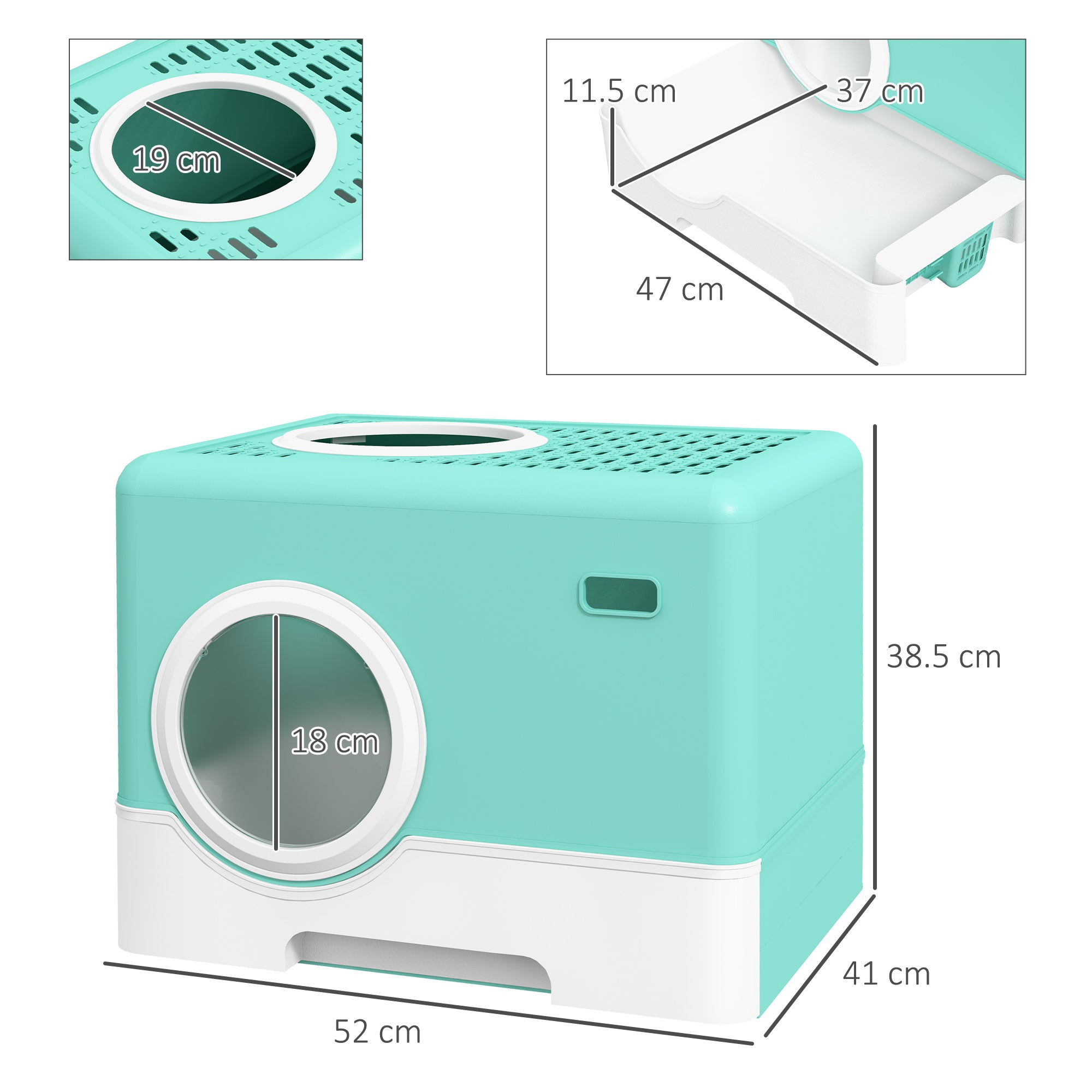 Cat Litter Box with Lid and Scoop, Double Entrance and Removable Tray, 52x41x38.5 cm, Green