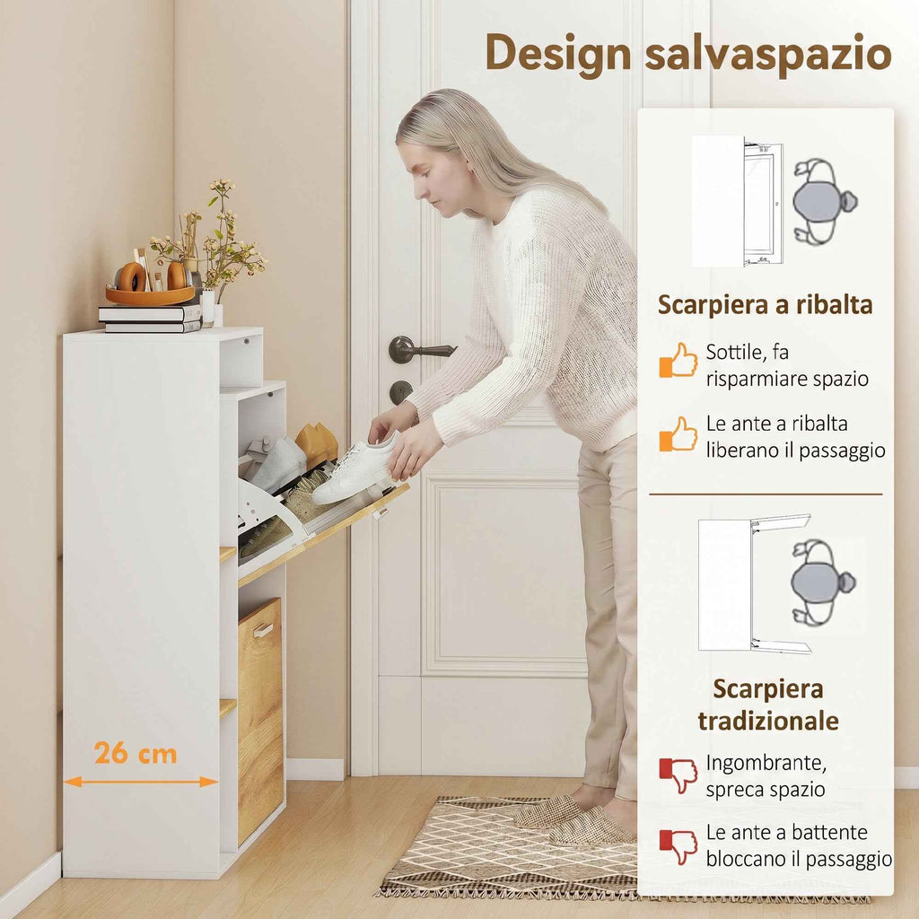 HOMCOM Shoe Cabinet with 2 Hinged Drawers and Shelves, White and Natural Wood.
