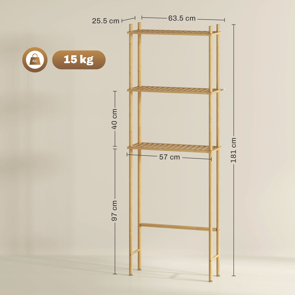 3-Tier Bamboo Slatted Over Toilet Cabinet, Wood Color, 63.5x25.5x181 cm