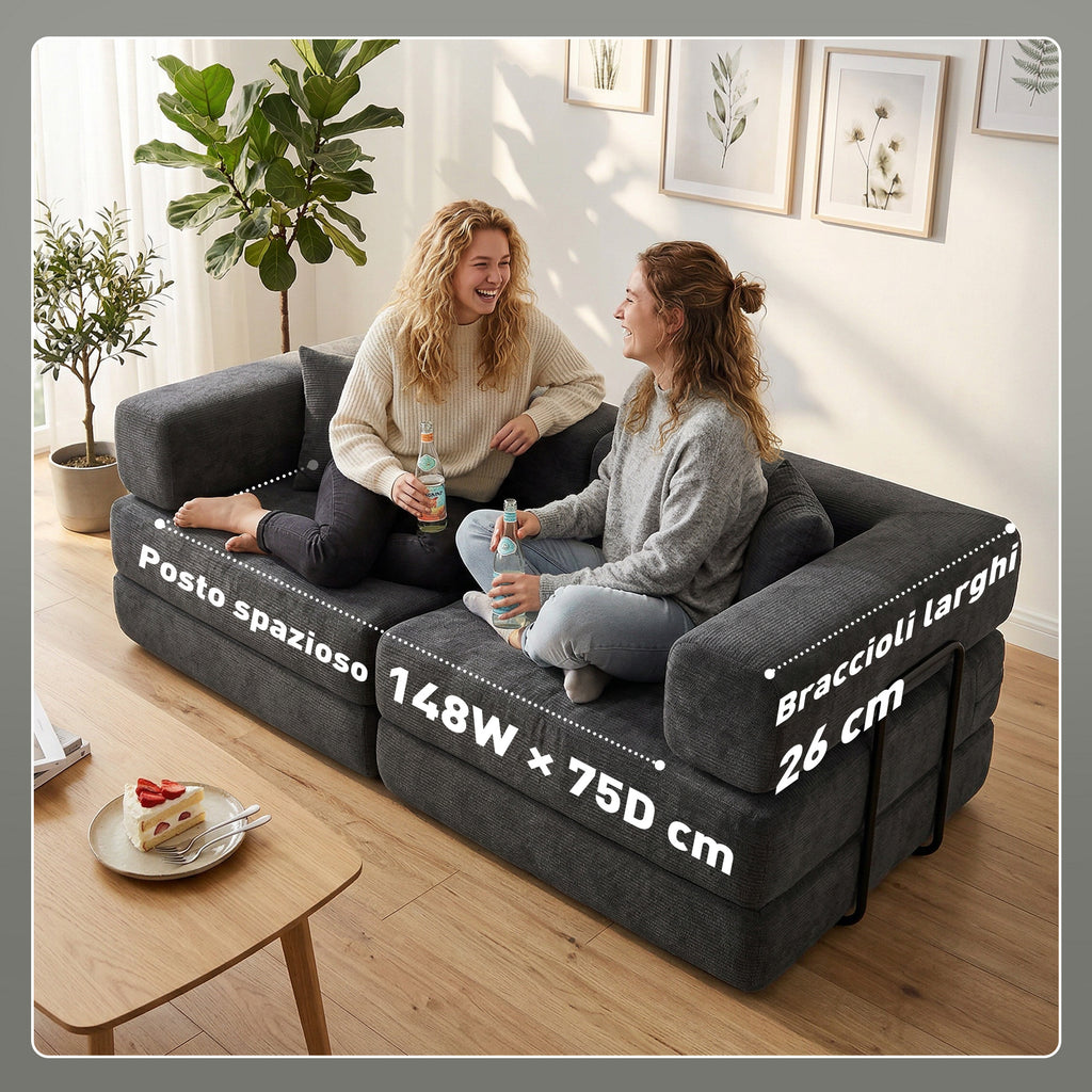 HOMCOM 2-Seater Folding Chenille Sofa Bed with 2 Cushions, Wide Armrests, No Assembly, Dark Grey
