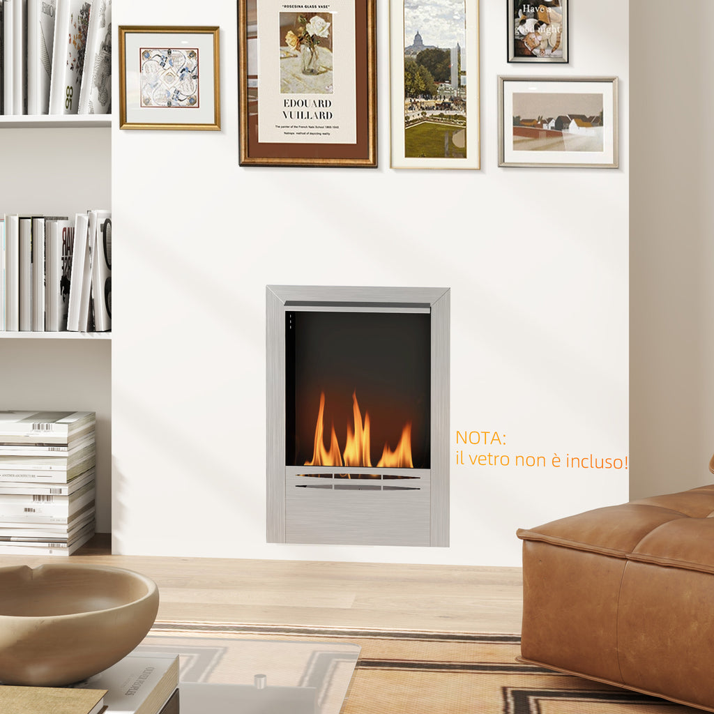 Built-in Bioethanol Fireplace in Steel, 0.9L Capacity and 3.3 Hours Duration, 48x18x59 cm, Silver