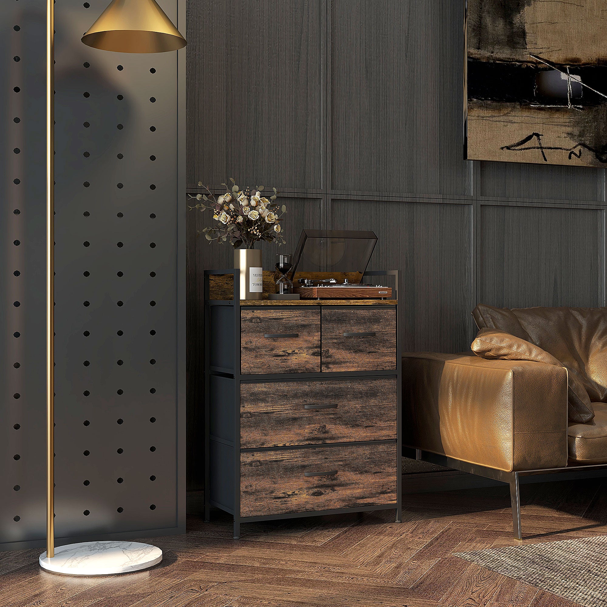 Chest of 4 Removable Drawers with Industrial Design in Wood and Steel, 60x29x85 cm, Brown and Black
