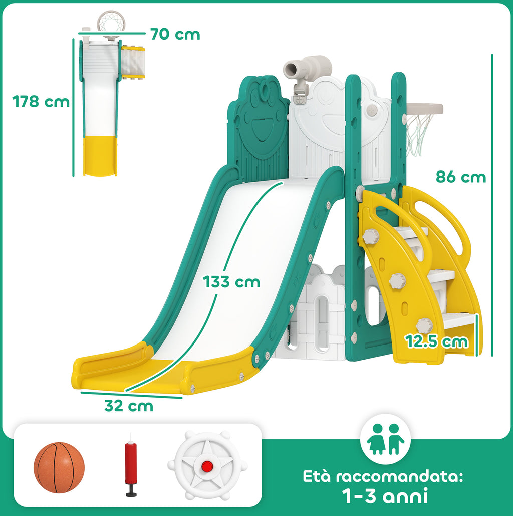 5-in-1 Kids Slide Set with Basketball Hoop, Ladder, and Toy Telescope, Ages 1-3 Years, Yellow